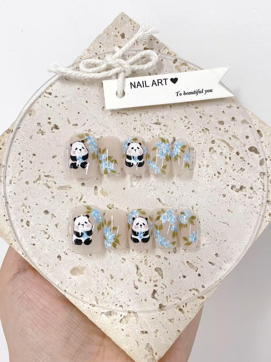Panda Press On Nails: Blue Flowers, Hand-Painted Reusable Faux Nails