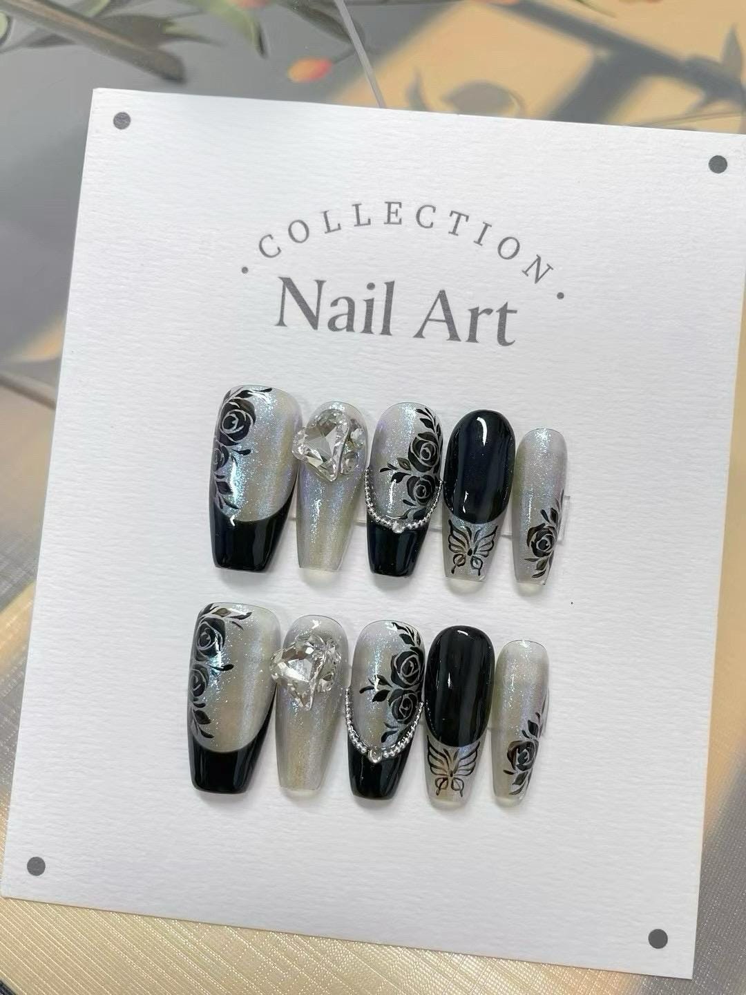 Black Rose Press On Nails: Hand Painted Diamond Accent Faux Nails