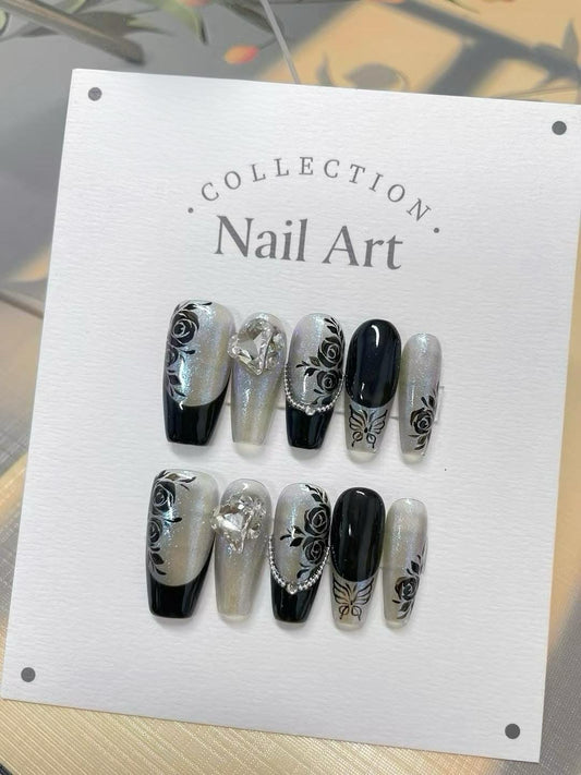 Black Rose Press On Nails: Hand Painted Diamond Accent Faux Nails