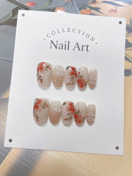 Handmade Floral Press On Nails: Elegant Beaded Faux Nails