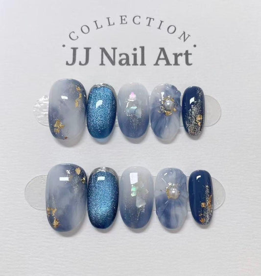 Handmade Blue Smudge Cat Eye Press On Nails: Reusable Nail Set