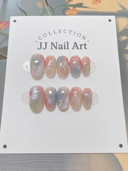 Handmade White Swan Cat Eye Petals  Press On Nails: Floral French Reusable Set