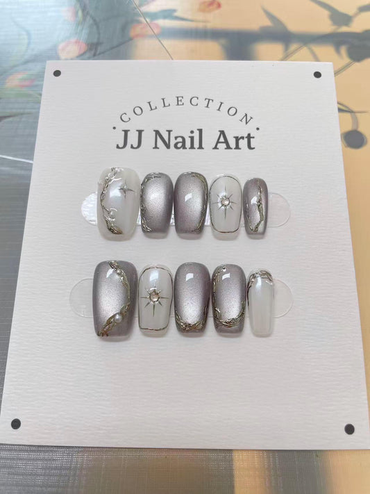 Handmade Grey Cat Eye Press On Nails: Reusable Set