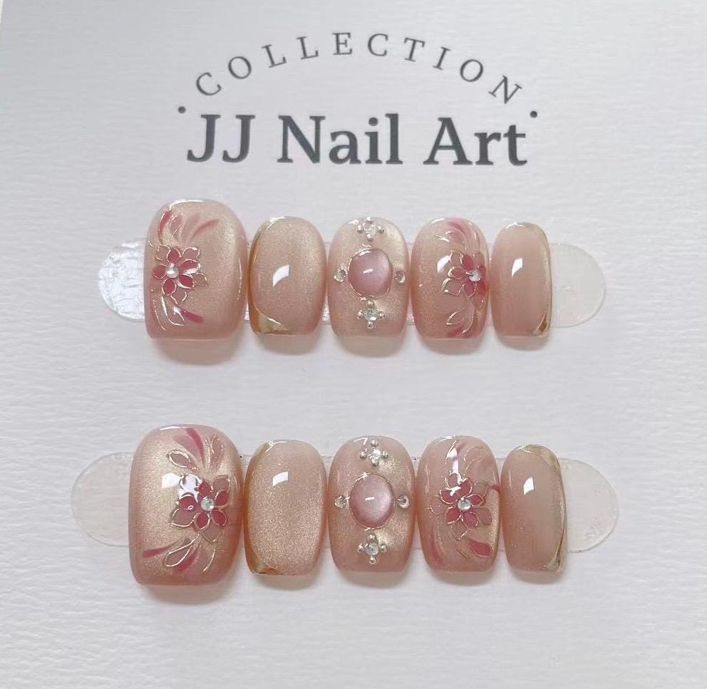 Handmade Pink Petals Press On Nails: Reusable Set