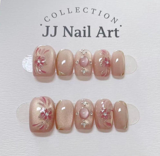 Handmade Pink Petals Press On Nails: Reusable Set