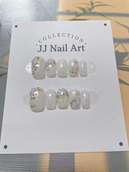 Handmade Watercolor Purple Flowers Press On Nails: Reusable Set