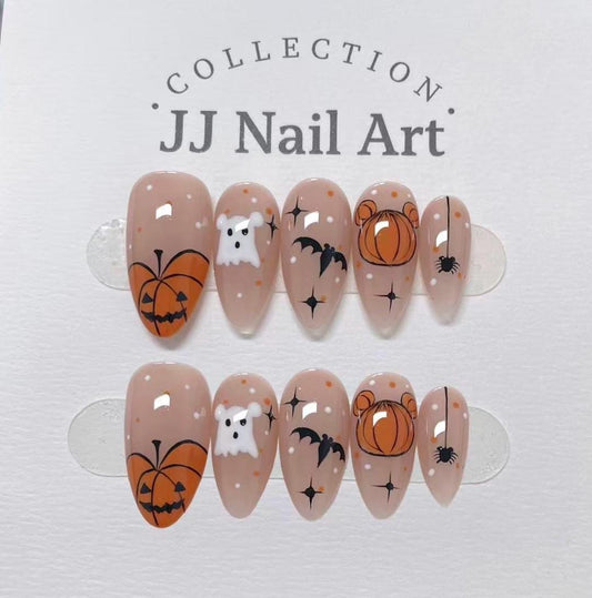 Handmade Halloween Pumpkin Ears Cat Eye Press On Nails: Reusable Nail Set