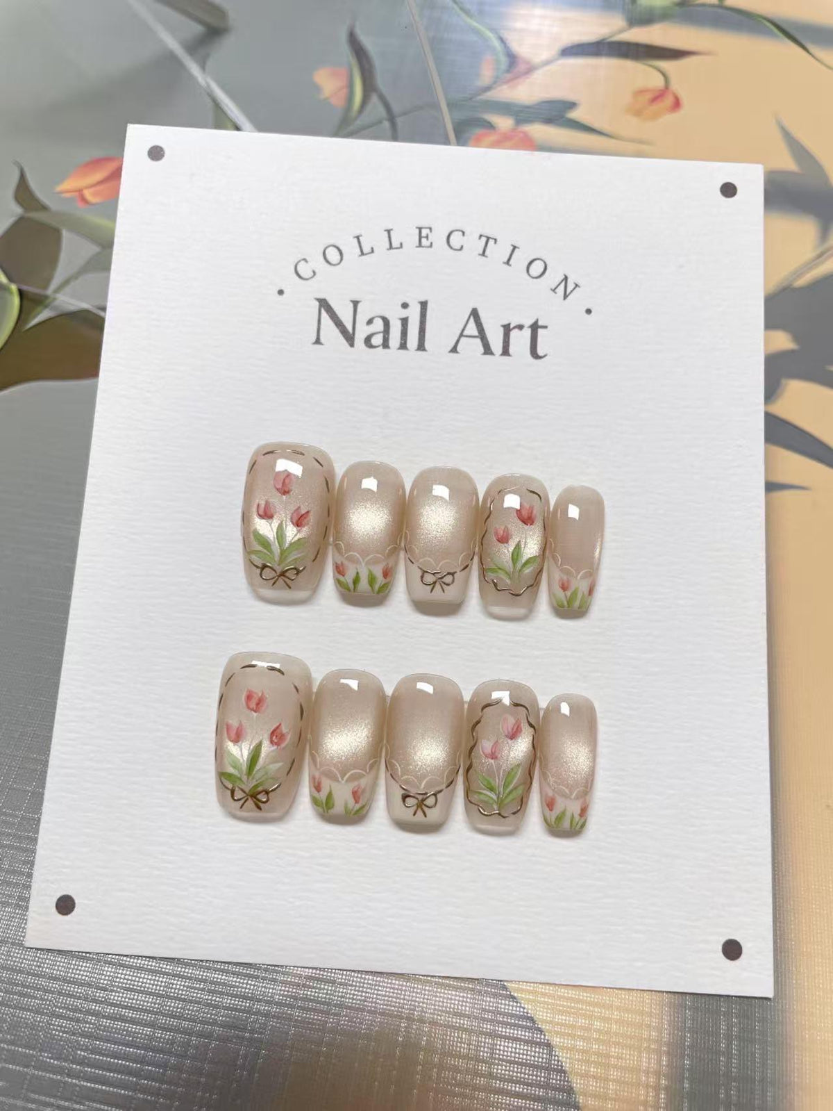 Hand Painted Tulips Press On Nails: Reusable Artist Faux Nails