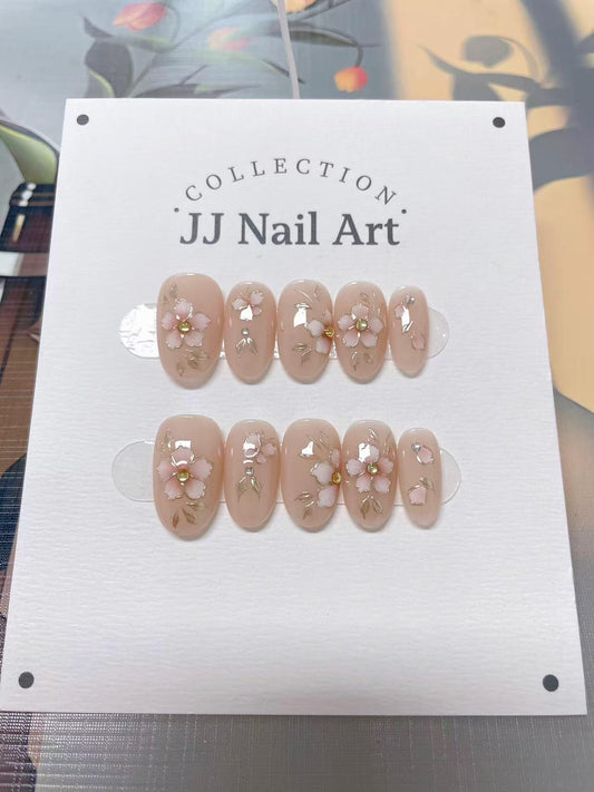 Gold Lining Elegant Petals Hand Painted Press On Nails: Custom Shape Reusable Nail Set