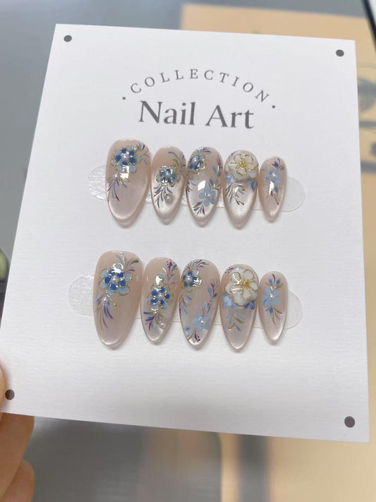 3D Blue Flower Press On Nails: Hand Painted Reusable False Nails