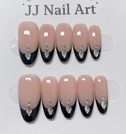 Custom Nail Shape Black French Tips Press On Nails: Hand Painted Reusable Fake Nails