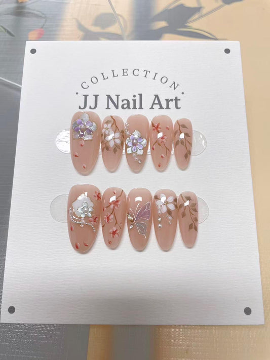 Plum Blossoms Hand Painted Press On Nails: Custom Shape Reusable Nail Set