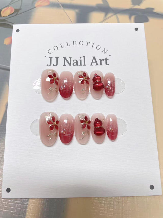 Red Petals Cat Eye Hand Painted Press On Nails: Custom Shape Reusable Nail Set