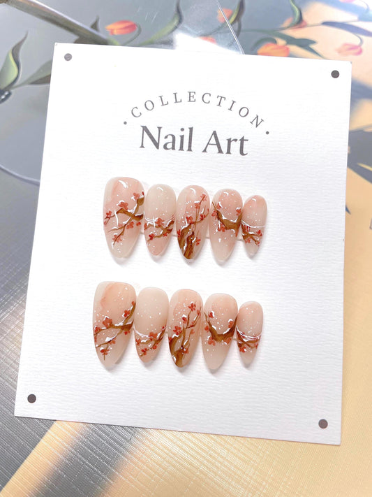 Snowy Branches Press On Nails: Hand Painted Reusable Faux Nails