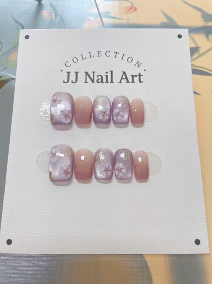 Handmade Purple Petals Cat Eye Press On Nails: Reusable Set