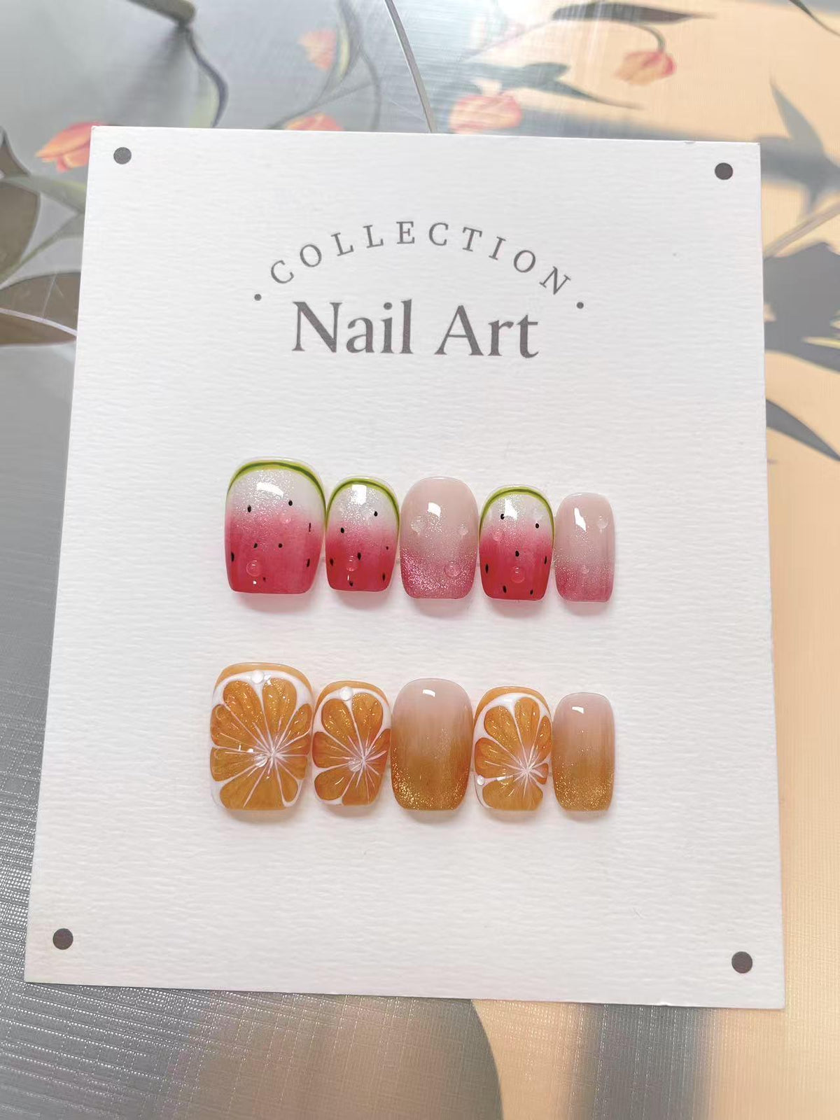 Hand Painted Watermelon Orange Press On Nails: Reusable Artist Faux Nails