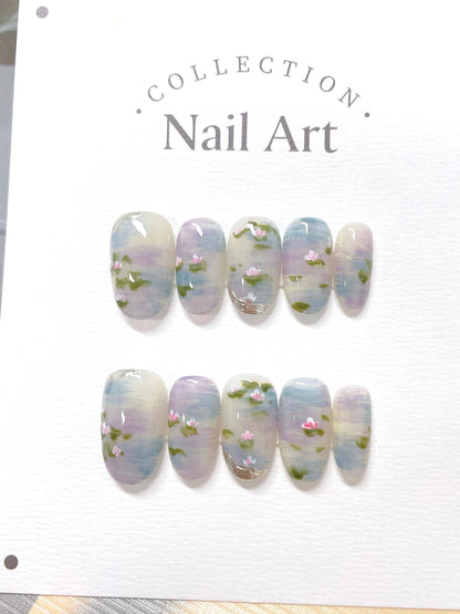 Hand Painted Water Lily Press On Nails: Reusable Artist Faux Nails