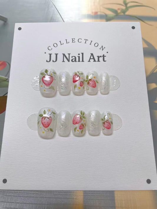 Handmade Water Color Strawberry Press On Nails: Reusable Set