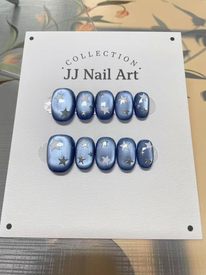 Handmade Stars Blue Cat Eye Press On Nails: Reusable Set