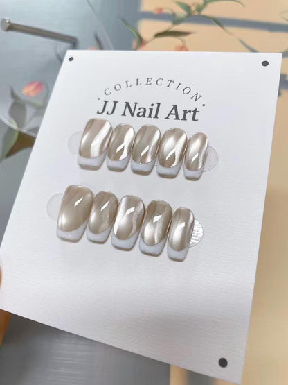 Handmade Cat Eye Press On Nails: White French Tip Reusable Nail Set