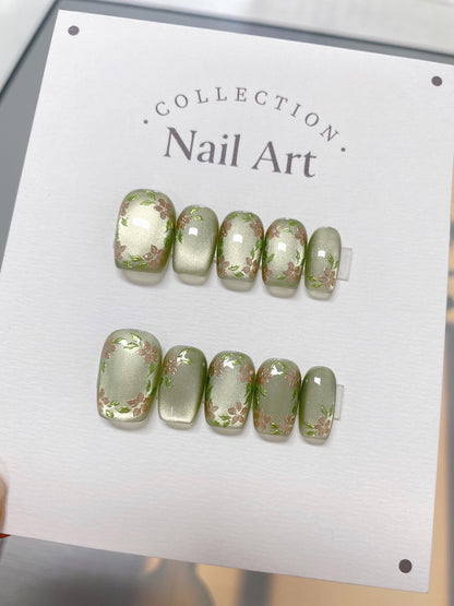 Hand Painted Spring Flowers Press On Nails: Reusable Green Floral Faux Nails