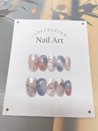 Custom Nail Shape Hand Painted Moon and Star Ombre Press On Nails, Comfortable Nails