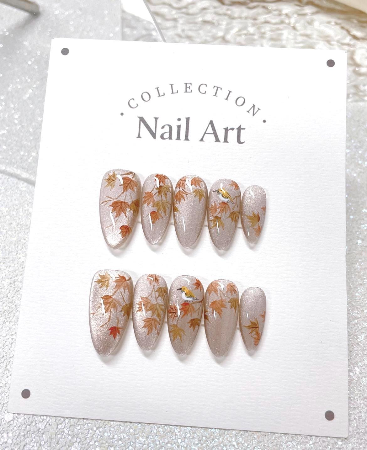 Handmade Watercolor Autumn Leaves Press On Nails: Bird Accent, Reusable