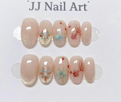 Fish And Flower Press On Nails: Custom Shape Reusable Nail Set