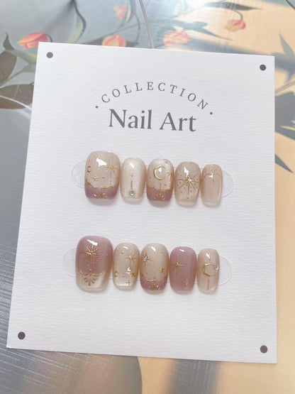 Hand Painted Press On Nails: Light Pink Moon & Stars, Reusable Faux Nails
