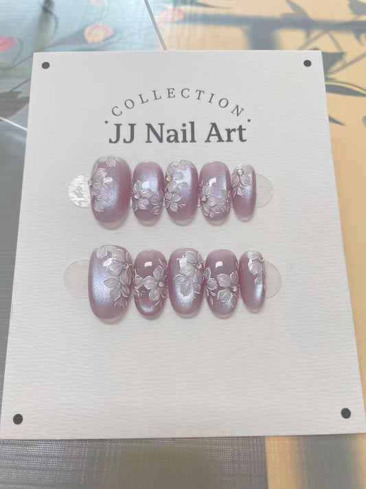 Handmade White Petals Light Purple Cat Eye Press On Nails: Custom Shape Reusable Set