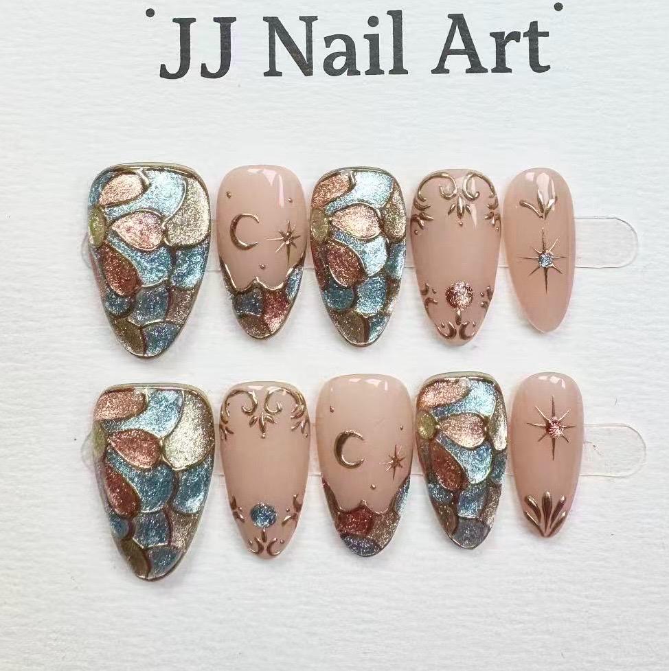 Hand Painted Cat Eye Press On Nails: Reusable Artist Faux Nails
