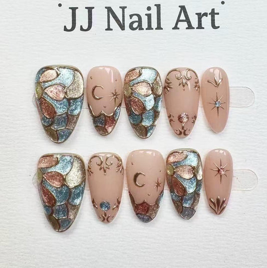 Hand Painted Cat Eye Press On Nails: Reusable Artist Faux Nails