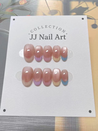Pastels French Cat Eye Hand Painted Press On Nails: Custom Shape Reusable Nail Set