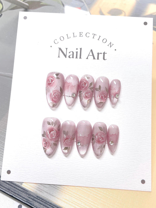 Hand Painted Pink Rose Press On Nails: Cat Eye Artist Faux Nails