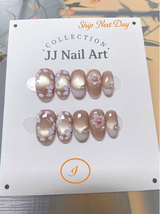 Cat Eye Petals French Hand Painted Press On Nails: Custom Shape Reusable Nail Set