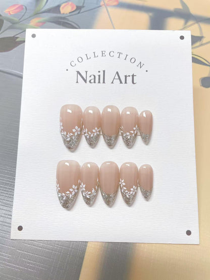 Floral Glitter French Press On Nails: Hand Painted Reusable Faux Nails