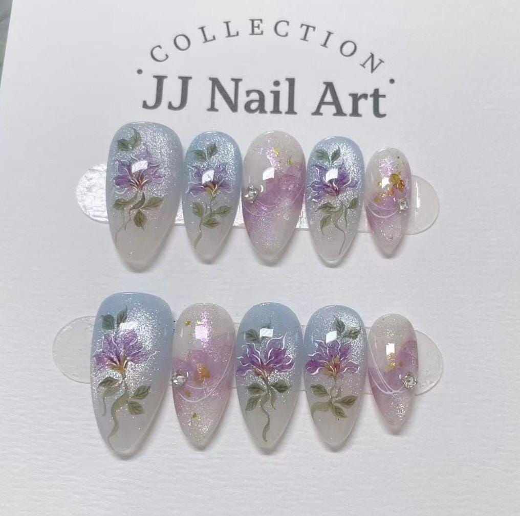 Handmade Blue Purple Flowers Cat Eye Press On Nails: Reusable Set