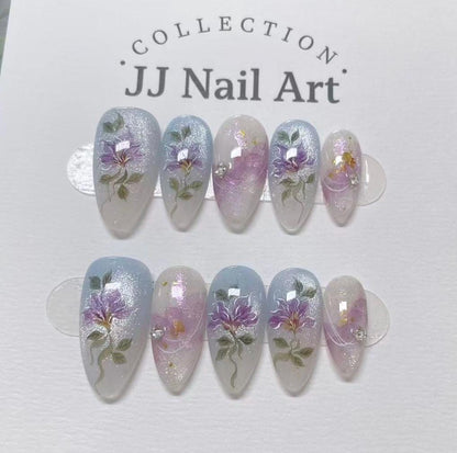 Handmade Blue Purple Flowers Cat Eye Press On Nails: Reusable Set