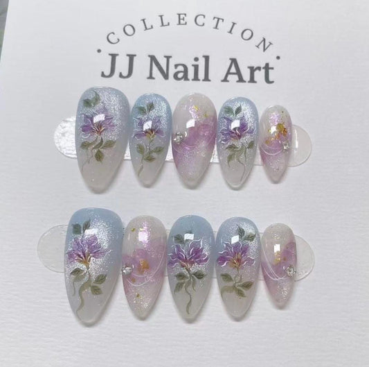 Handmade Blue Purple Flowers Cat Eye Press On Nails: Reusable Set