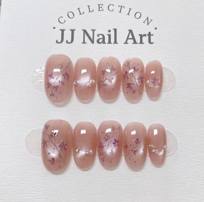 Handmade Purple Flowers Press On Nails: Reusable Set