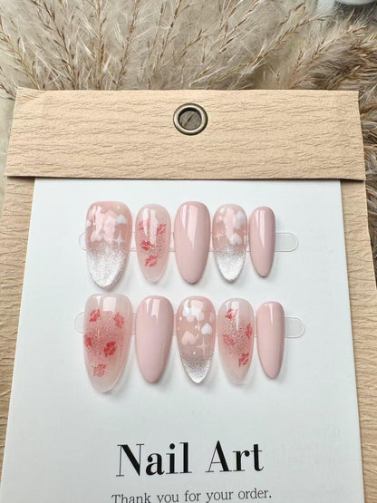 Valentines Day Hearts Cat Eye Customized Press on Nails, Hand Painted Fake Nails, Fancy Cute Nails, Artist Faux Nails, Reusable Premium Nail