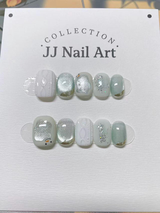 Custom Shape Hand Painted Press On Nails: White Christmas Reusable Nail Set