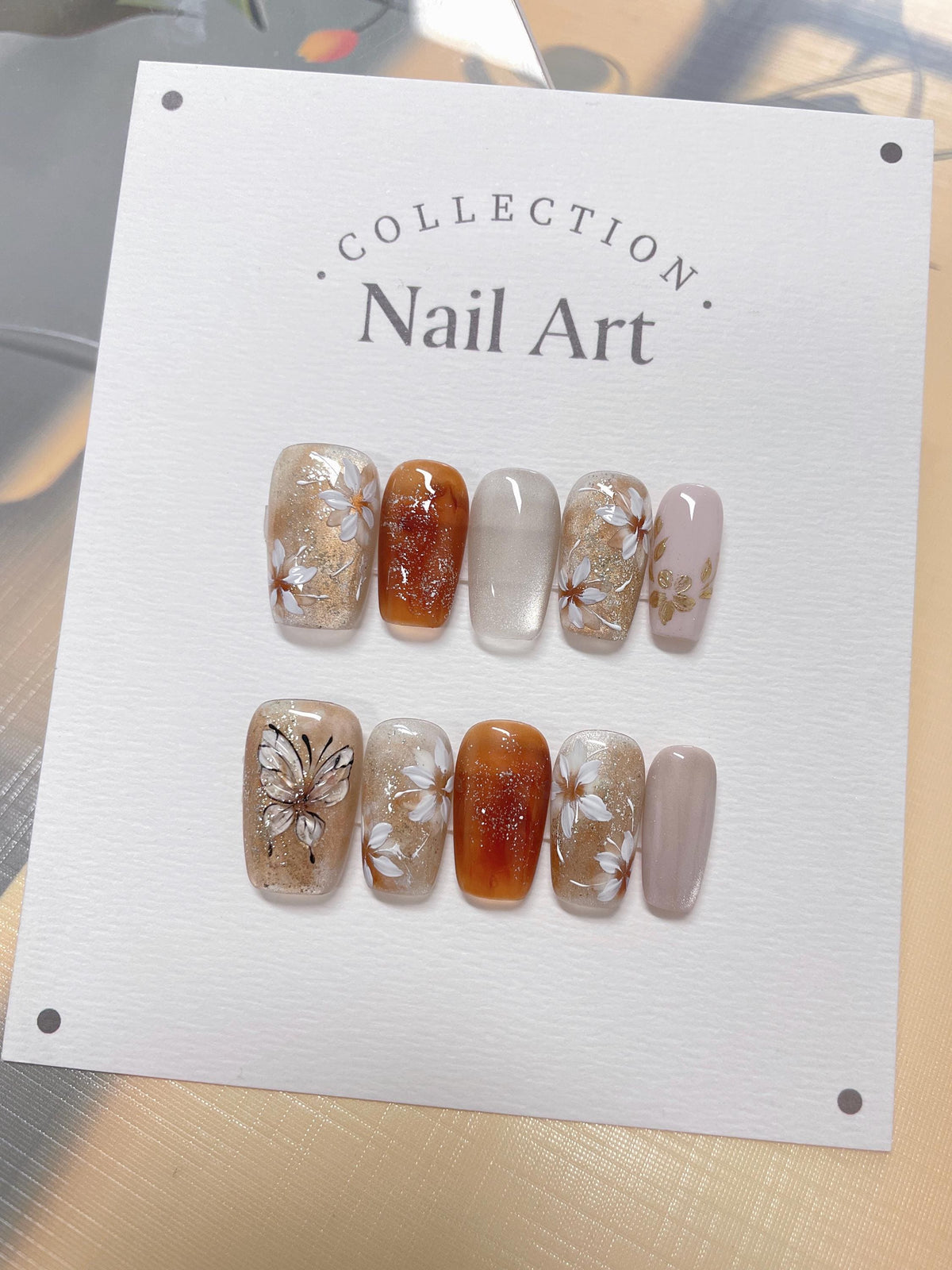 Butterfly Flower Cat Eye Press On Nails: Hand Painted Reusable Faux Nails