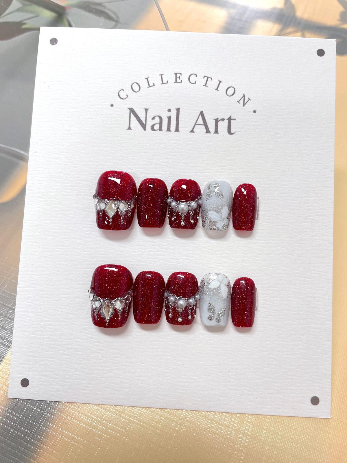 Hand Painted Butterfly Press On Nails: Red Glitter, Pearl Accent, Reusable