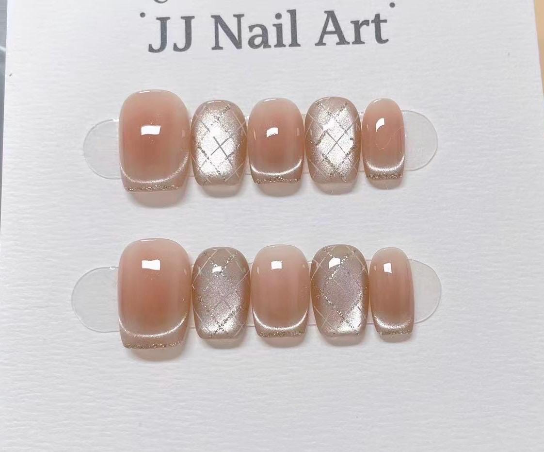 Pattern French Cat Eye Hand Painted Press On Nails: Custom Shape Reusable Nail Set