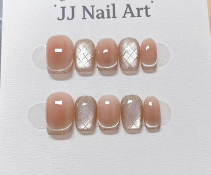 Pattern French Cat Eye Hand Painted Press On Nails: Custom Shape Reusable Nail Set