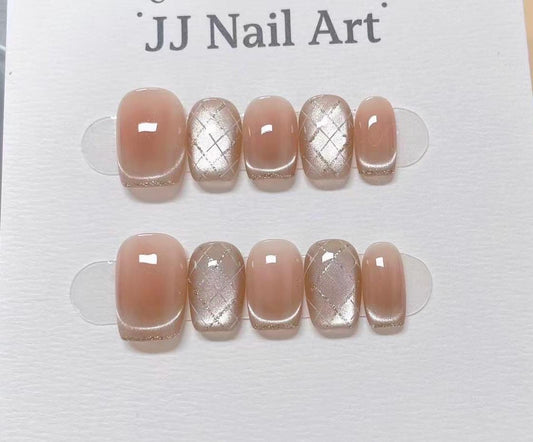 Pattern French Cat Eye Hand Painted Press On Nails: Custom Shape Reusable Nail Set