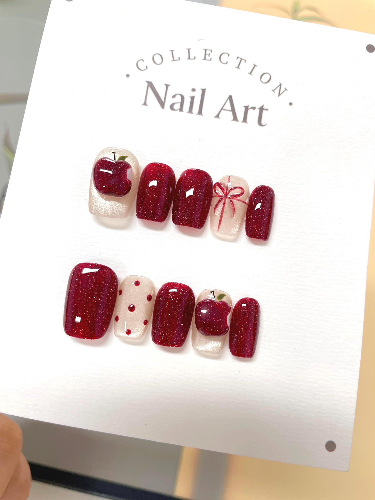 Red Apple Cat Eye Press On Nails: Hand Painted Reusable Faux Nails