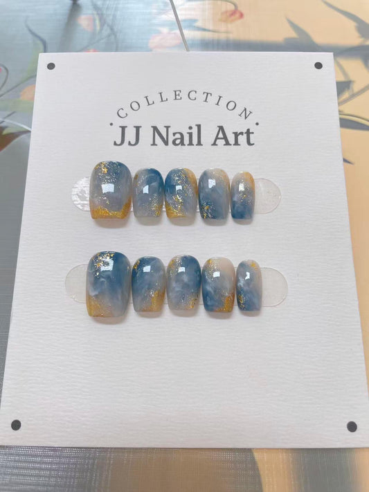 Handmade Blue Smudge Press On Nails: Reusable Set