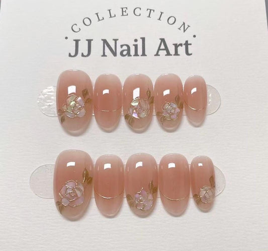 Handmade Pearlescent Flowers Press On Nails: Reusable Set